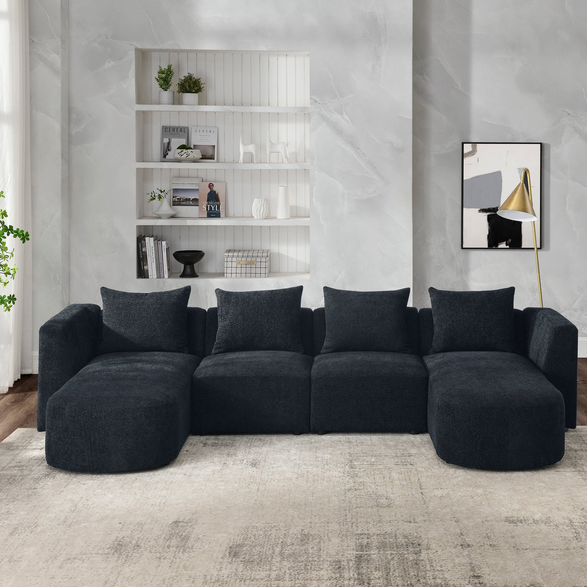 U Shape Sectional Sofa including Two Single Seats and Two Chaises, Modular Sofa, DIY Combination, Loop Yarn Fabric, Black W487S00158-djyc