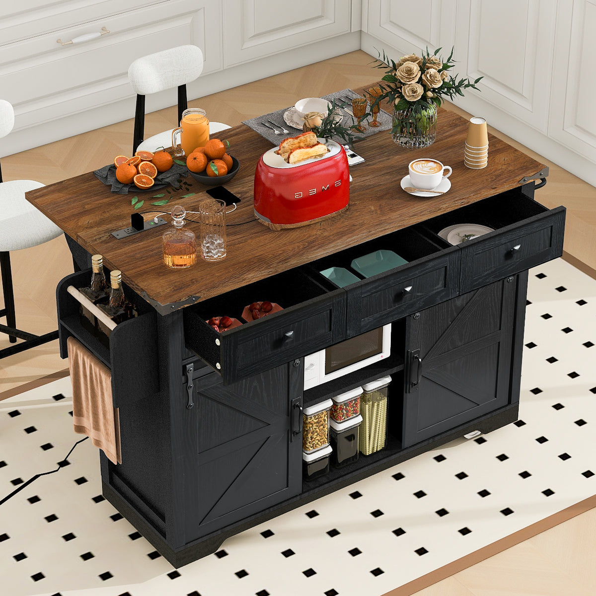 K&K 53.7" Farmhouse Kitchen Island with Power Outlet, 2 Sliding Barn Door Kitchen Storage Island with Drop Leaf, Spice Rack Rolling Kitchen Cart on Wheels, for Home, Kitchen and Dining Room, Black N707P170347B-djyc