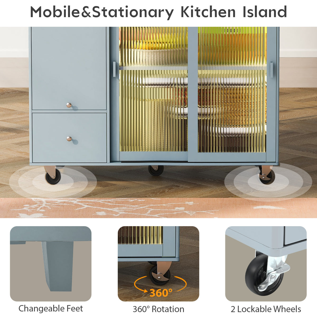 Kitchen Island with Drop Leaf, LED Light Kitchen Cart on Wheels with 2 Fluted Glass Doors and 1 Flip Cabinet Door, Large Kitchen Island Cart with an Adjustable Shelf and 2 Drawers (Grey Blue) WF311171AAG-djyc