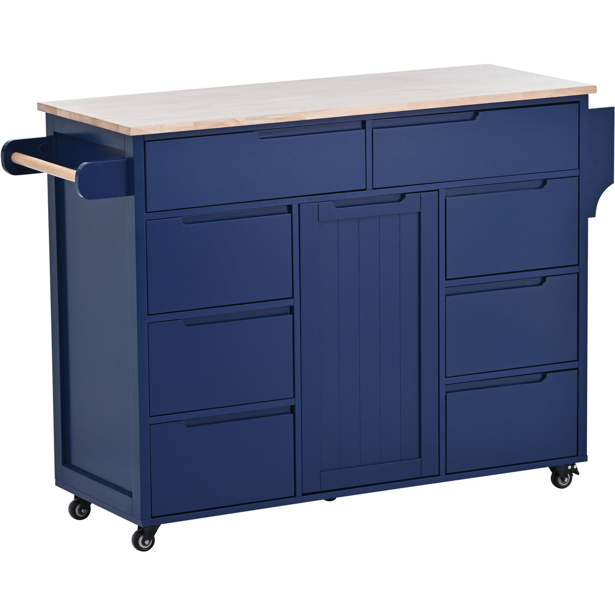 K&K Store Kitchen Cart with Rubber Wood Countertop , Kitchen Island has 8 Handle-Free Drawers Including a Flatware Organizer and 5 Wheels for Kitchen Dinning Room, Dark Blue SK000002AAG-djyc