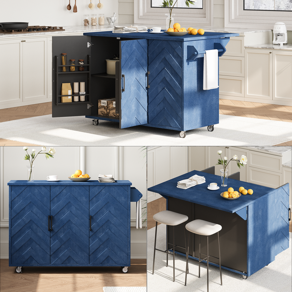 K&K 51.2"W 3D Wave Stripes Ash Veneer(Not Cheap Paper) Kitchen Island with Drop Leaf, Farmhouse Kitchen Island on Wheels with Internal Storage Rack, Rolling Kitchen Cart (Navy Blue) N707P207915E-djyc