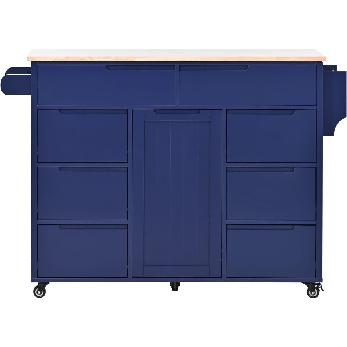 K&K Store Kitchen Cart with Rubber Wood Countertop , Kitchen Island has 8 Handle-Free Drawers Including a Flatware Organizer and 5 Wheels for Kitchen Dinning Room, Dark Blue SK000002AAG-djyc