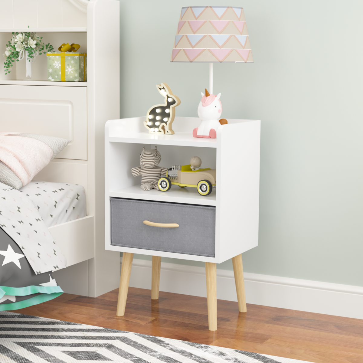 Nightstand With Collapsible Fabric Drawer, 2-Tier Storage End Table, Wood Side Table with Storage Cabinet for Kids, Adults - White W808P147114-djyc