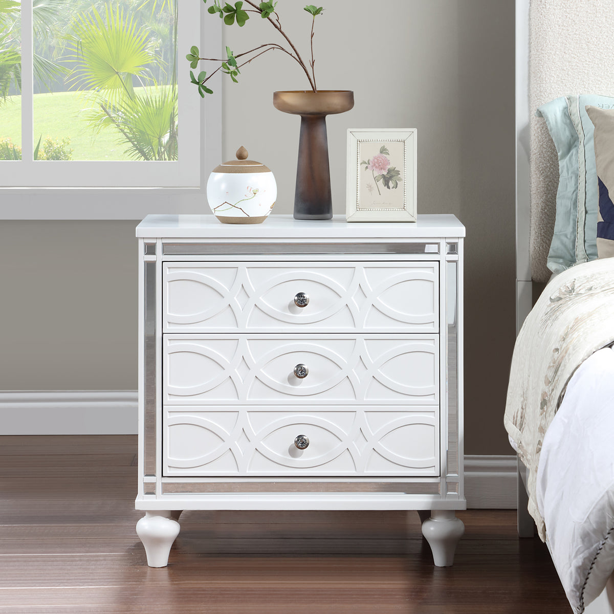 Contemporary Nightstands with mirror frame accents, Bedside Table with two drawers and one hidden drawer, End Table with Crystal Pull for Living Room,Bedroom, White W1998131732-djyc