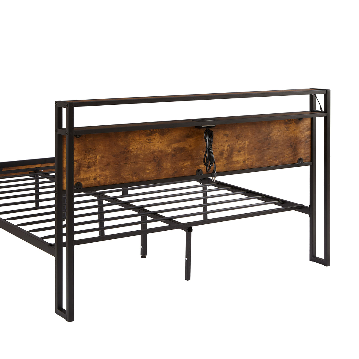 King Size Metal Platform Bed Frame with Wooden Headboard and Footboard with USB LINER, LED Lights ,No Box Spring Needed, Large Under Bed Storage, Easy Assemble W311134464-djyc