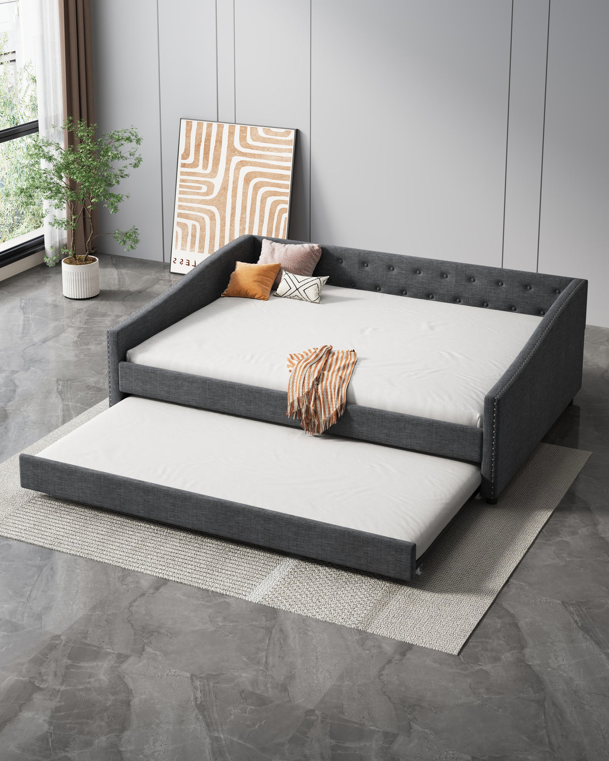 Full Size Daybed with Twin Size Trundle Upholstered Tufted Sofa Bed, with Button on Back and Copper Nail on Waved Shape Arms-Dark Grey W2336S00010-djyc