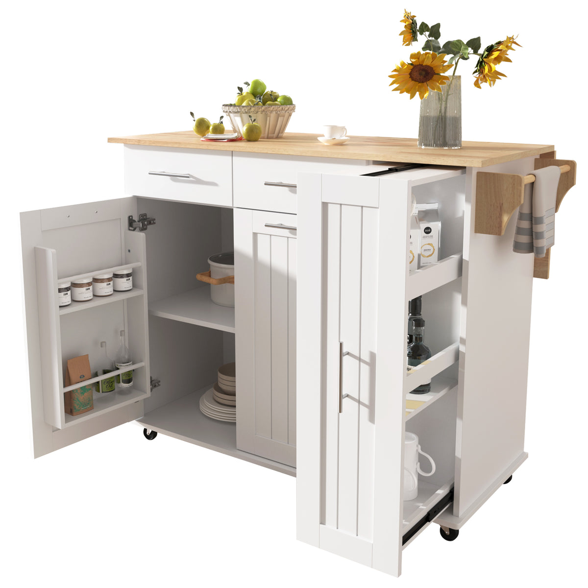 K&K Kitchen Island with Drop Leaf, Kitchen Storage Cart with 3 Tier Pull Out Cabinet Organizer, Internal Storage Rack, Rolling Kitchen Cart on Wheels with Towel Rack, 2 Drawers, for Kitchen, White WF531421AAW-djyc