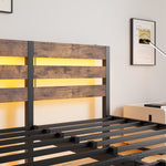 Queen SizeMetal Bed Frame with Wooden Headboard, RGB Lights,Charger, Storage Shelf, Noise-Free, No Box Spring Needed,Rustic Brown W840P209904-djyc