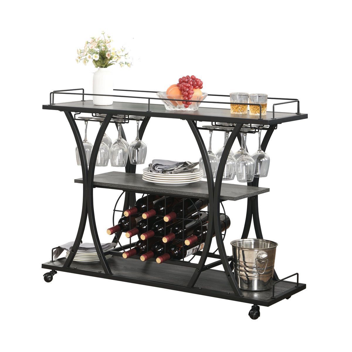 Industrial Bar Cart Kitchen Bar&Serving Cart for Home with Wheels 3 -Tier Storage Shelves W82151001-djyc