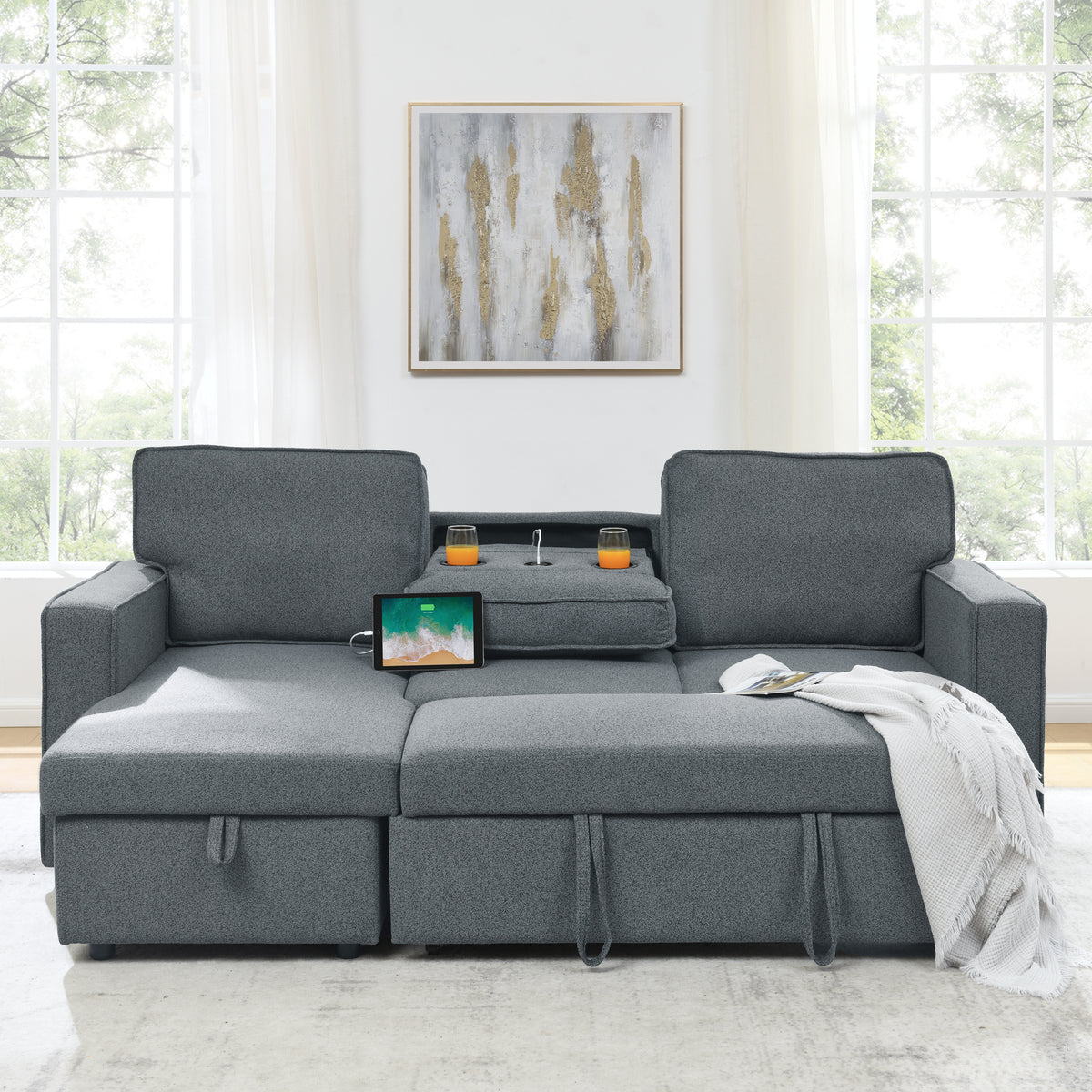 Linen Upholstered Sleeper Sectional Sofa, Shaped Modular Convertible Sofa with Storage Chaise,There are two cup holders in the middle and USB multi-interface function,Pull Out Sleep Couch Bed ,Grey W487S00245-djyc