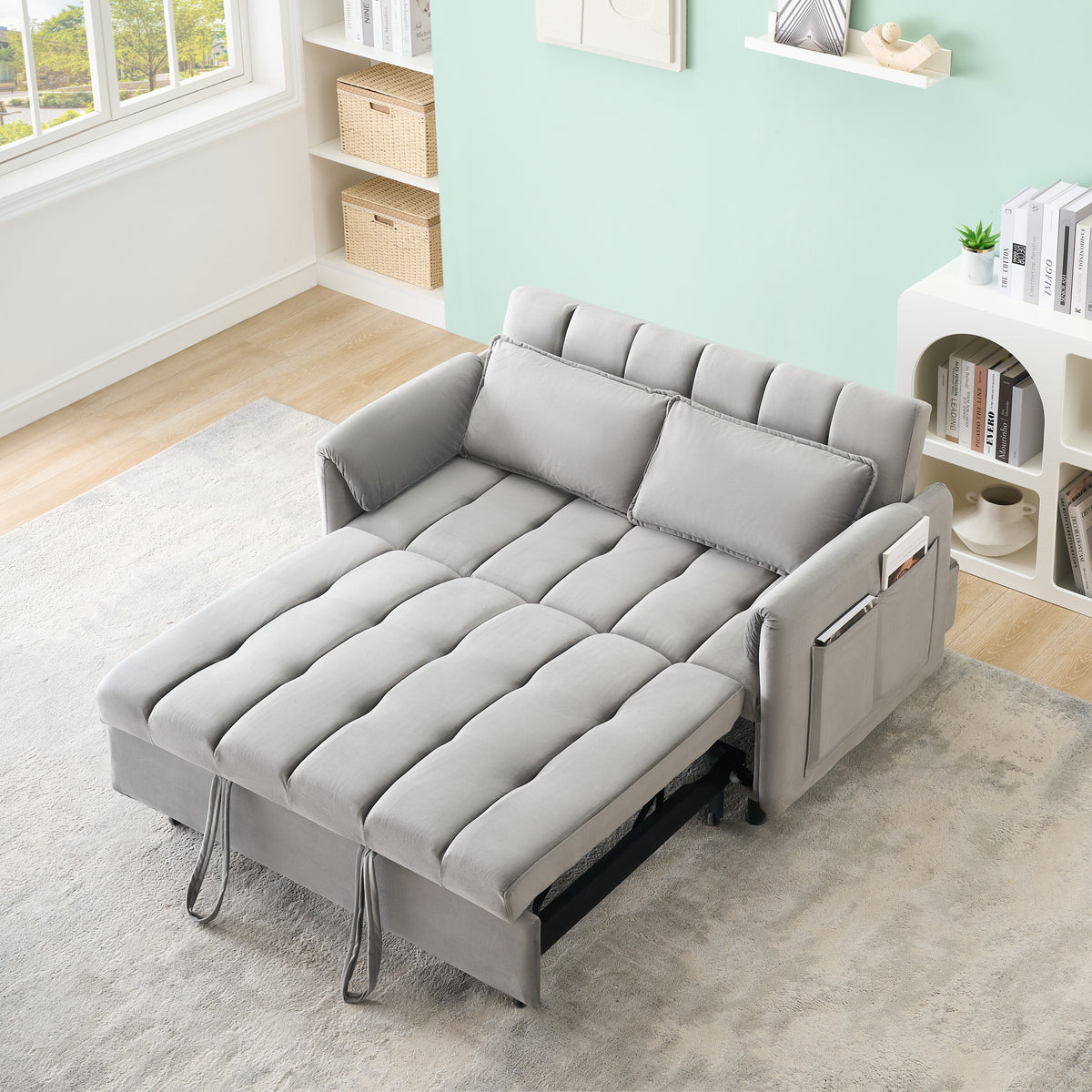 52 'grey modern velvet sofa, sofa pullout bed, small love seat casual sofa with back, pillow, pockets, living room furniture, 3 in 1 convertible sleep sofa bed. W1658P266339-djyc