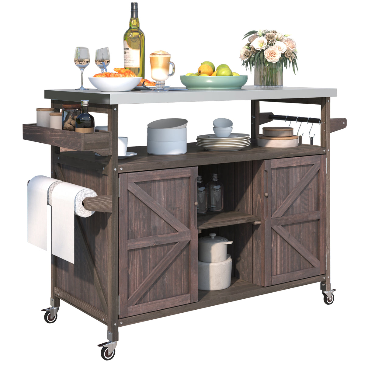 K&K Outdoor Kitchen Island, Rolling Bar Cart & Storage Cabinet, Farmhouse Solid Wood Outdoor Grill Table with Stainless Steel Top, Spice Rack , Towel Rack for Kitchen & Barbecue , Dark Brown WF532198AAZ-djyc