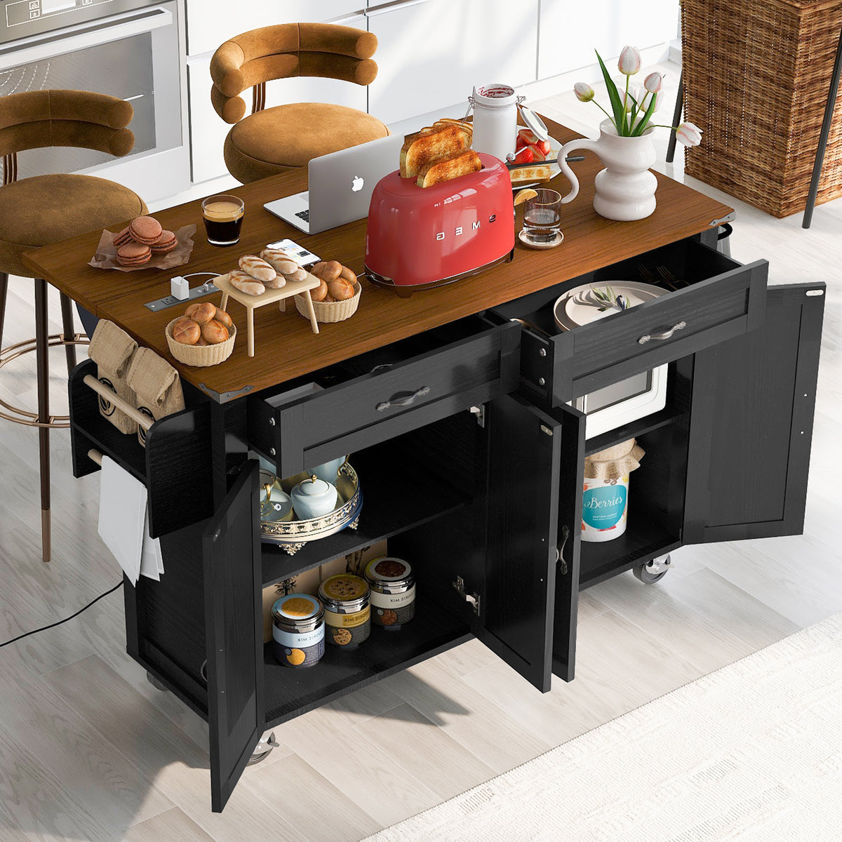 K&K 53.5''Farmhouse Kitchen Island with Power Outlet, Kitchen Storage Island with Drop Leaf, Spice Rack and Drawer, Rolling Kitchen Cart on Wheels, for Home, Kitchen and Dining Room, Black N707P170348B-djyc