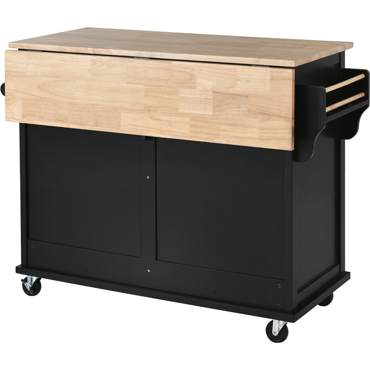 Kitchen Cart with Rubber wood Drop-Leaf Countertop, Concealed sliding barn door adjustable height,Kitchen Island on 4 Wheels with Storage Cabinet and 2 Drawers,L52.2xW30.5xH36.6 inch, Black SK000001AAB-djyc