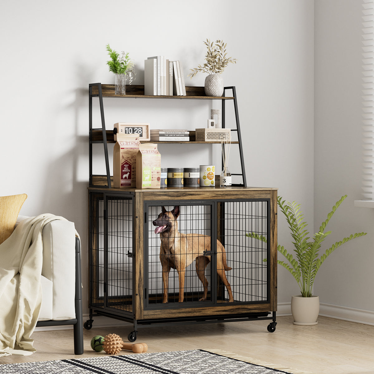 Furniture type dog cage iron frame door with cabinet, two door design, Rustic Brown,37.99"WX27.36"DX59.92"H W1903P151284-djyc