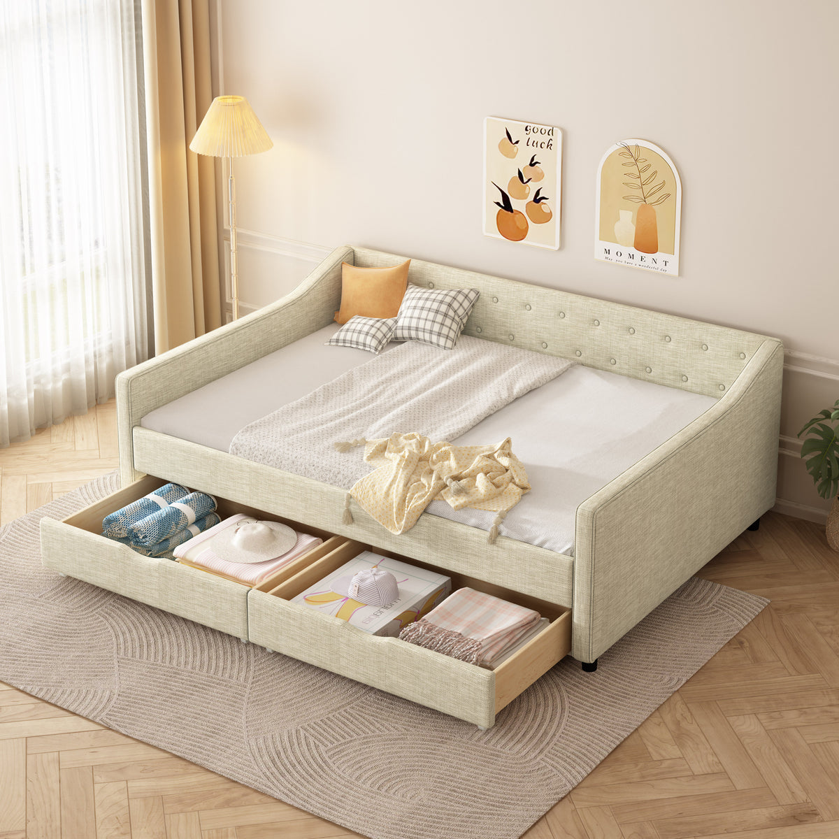 Full Size Daybed with Drawers Upholstered Tufted Sofa Bed, with Button on Back and Piping on Waved Shape Arms-Beige W2336S00007-djyc