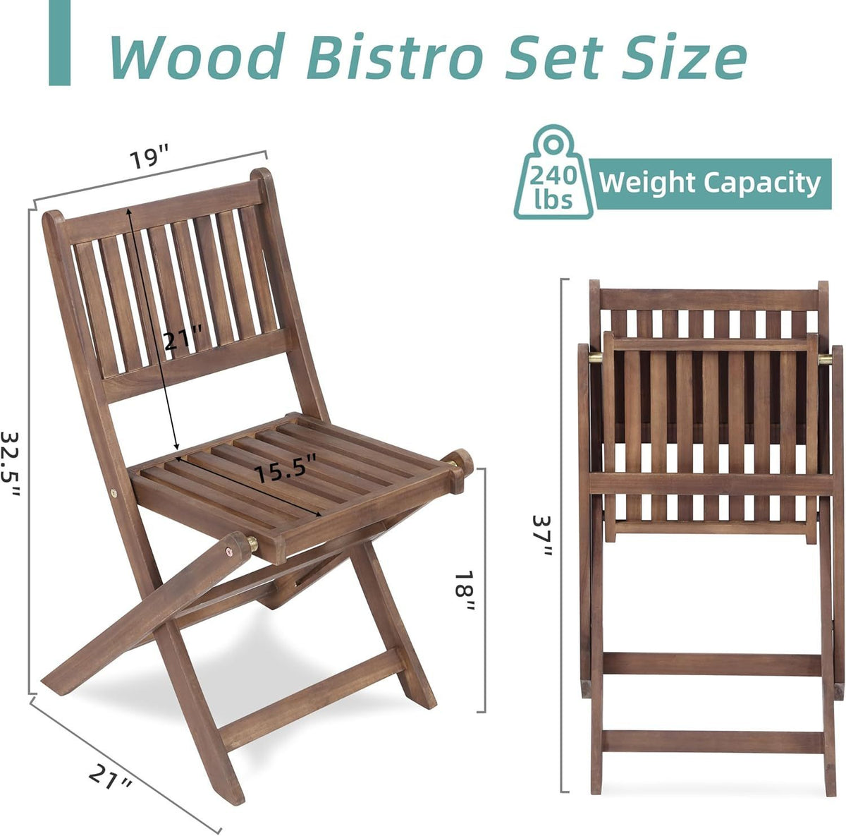 3-Piece Acacia Wood Bistro Set, Wooden Folding Patio Furniture for Garden Backyard Balcony Porch w/ 1 Coffee Table and 2 Foldable Chairs, Natural Stained W2640P209682-djyc