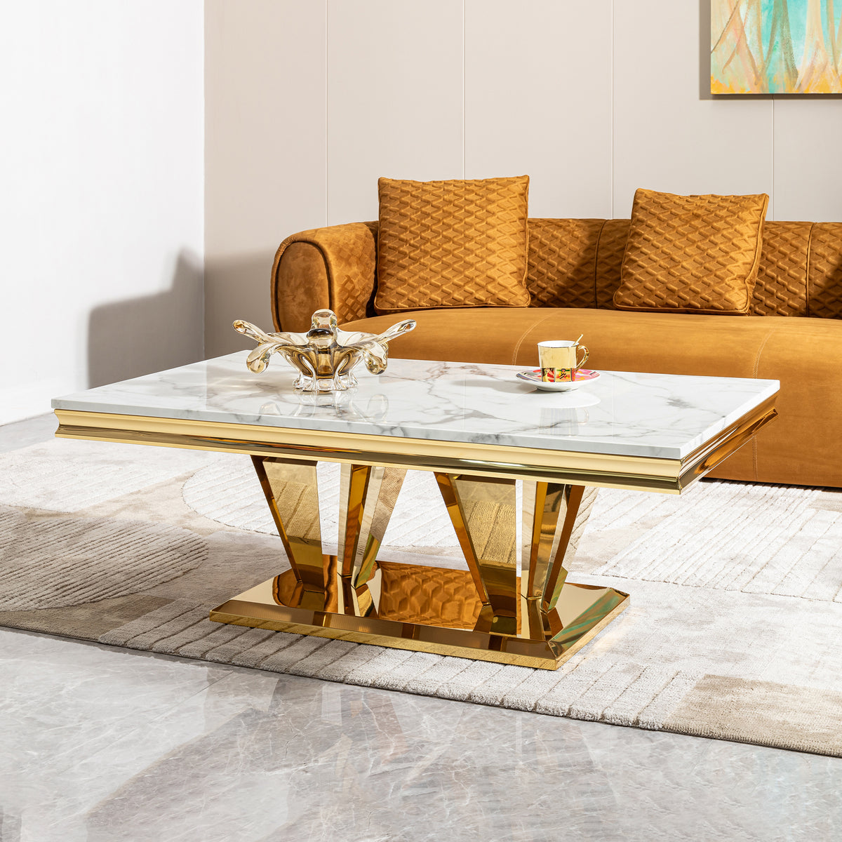 51.18" Modern Rectangular 0.78" Thick MDF Marble Pattern Top, Coffee Table Stainless Steel Base with Gold Mirror Finish W2723S00009-djyc