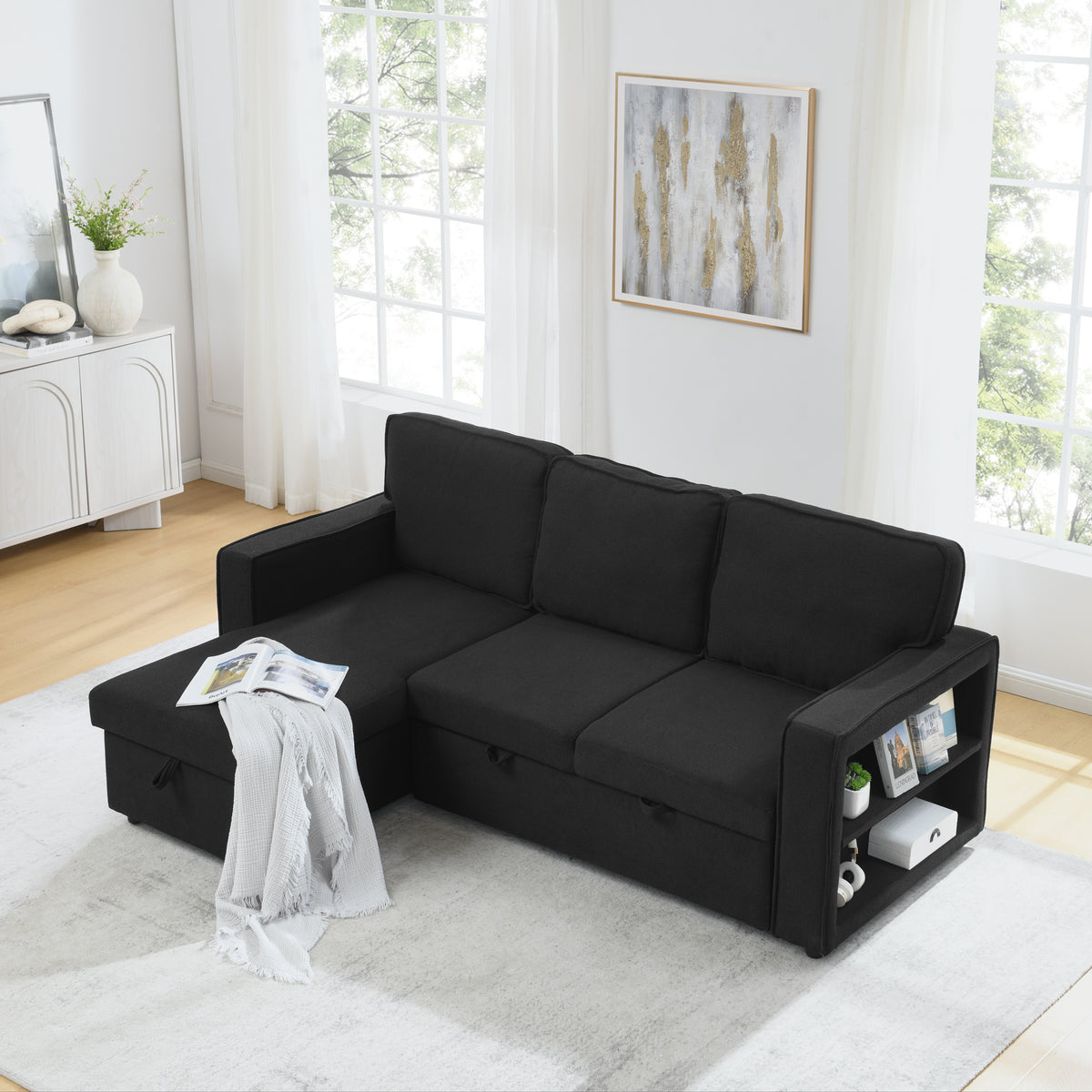 Linen Upholstered Sleeper Sectional Sofa, Shaped Modular Convertible Sofa with Storage Chaise,There are two cup holders in the middle and USB multi-interface function,Pull Out Sleep Couch Bed ,Black W487S00246-djyc