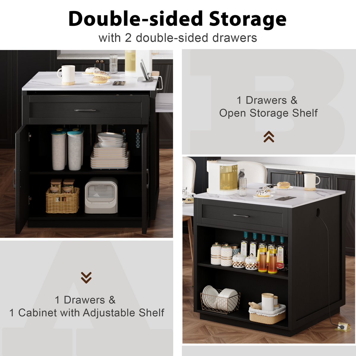 K&K 82.7 inch Kitchen Island with Extendable Dining Table for 4-6 Person,Faux Mable Kitchen Table with Double-sized Storage,Power Outlet,Kitchen island with Storage 2 Drawers 2 Side Open Shelves,Black N707S000010B-djyc