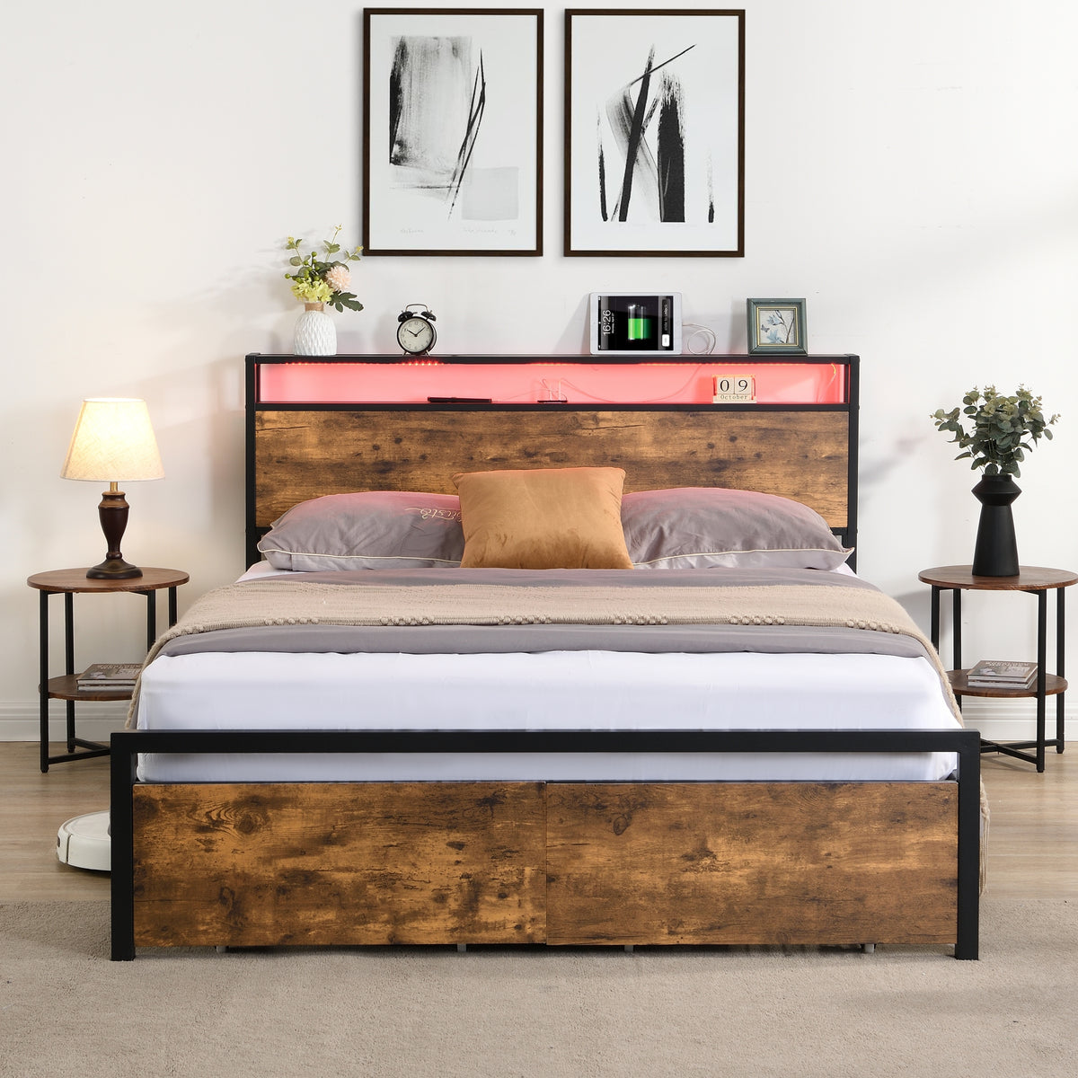 Full Size Bed Frame with Storage Headboard and 2 Drawers, LED Lights Bed with Charging Station, Metal Platform Bed No Noise, Mattress Foundation Strong Metal Slats Support No Box Spring Needed W1916126252-djyc