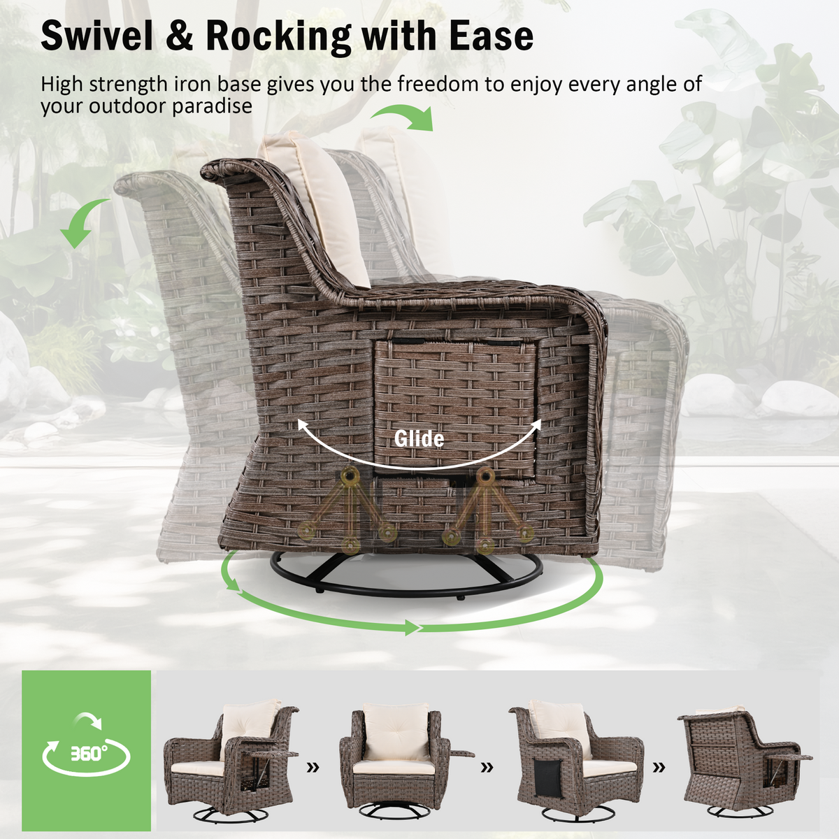 K&K 5 Pieces Outdoor Patio Furniture Set with Pet House Cool Bar and Retractable Side Tray, Rattan Wicker Patio Swivel Rocking Chairs Set of 2 with Ottomans for Backyard, Porch, Balcony, Beige SK000006AAA-djyc