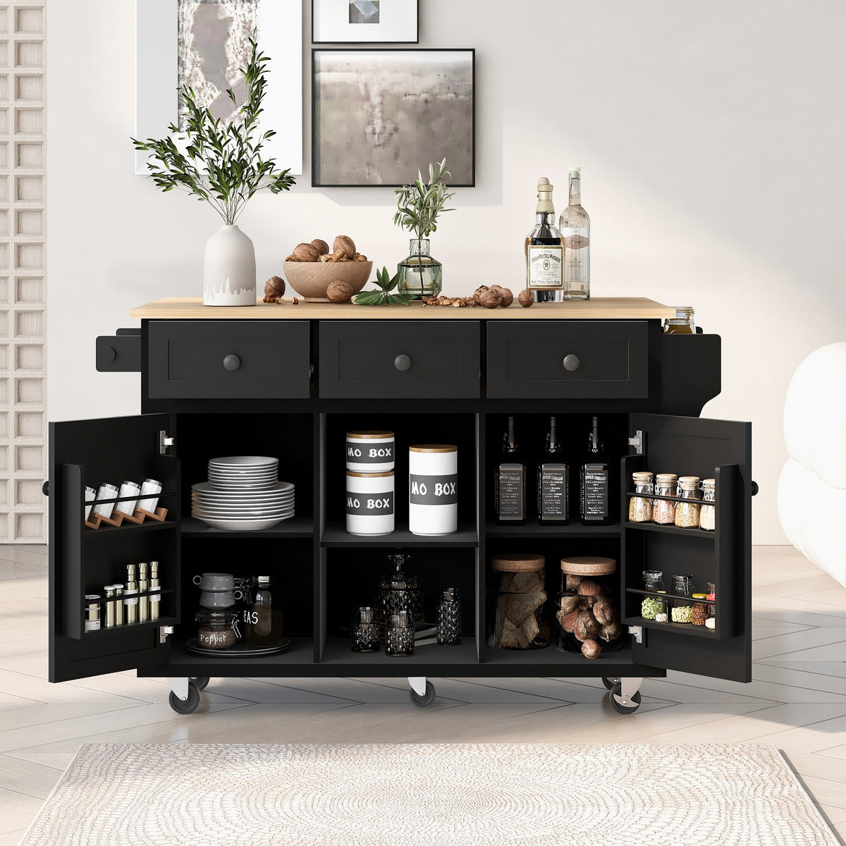 Kitchen Cart with Rubber wood Drop-Leaf Countertop ,Cabinet door internal storage racks,Kitchen Island on 5 Wheels with Storage Cabinet and 3 Drawers for Dinning Room, Black WF298028AAB-djyc