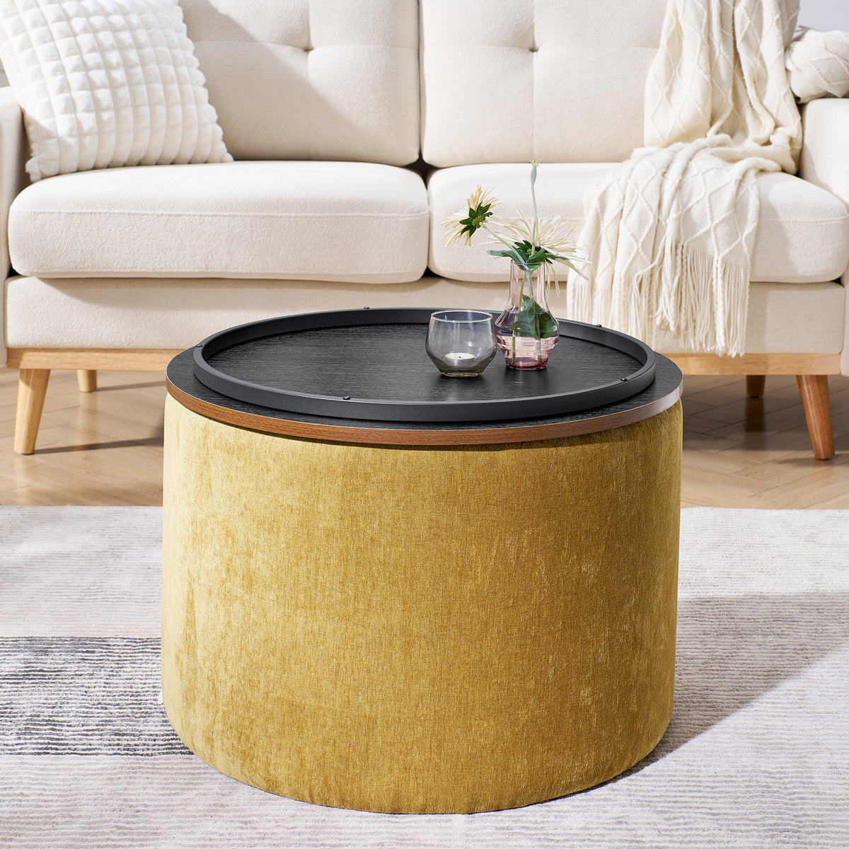 2-Piece Set Round Chenille Storage Ottoman, Equipped with a Drum Shaped Small Stool, Storage Space, and MDF Made Desktop Panel (Dark Yellow 23.62"x23.62"x16.53") W487P179602-djyc