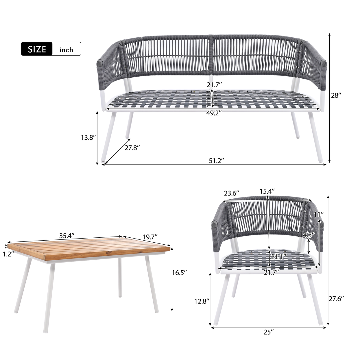 K&K 4-Piece Boho Rope Patio Furniture Set, Outdoor Furniture with Acacia Wood Table, Patio Conversation Setwith Deep Seating & Thick Cushion for Backyard Porch Balcony, Grey SK000004AAG-djyc