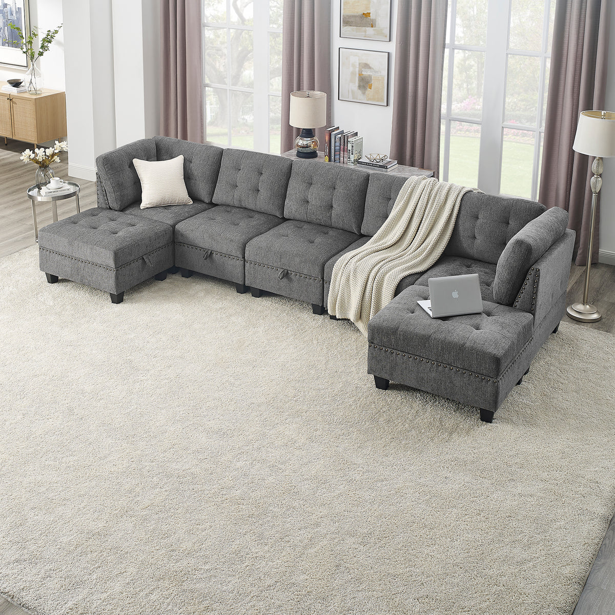 L shape Modular Sectional Sofa,DIY Combination,includes Three Single Chair ,Two Corner and Two Ottoman,Grey Chenille W487S00201-djyc