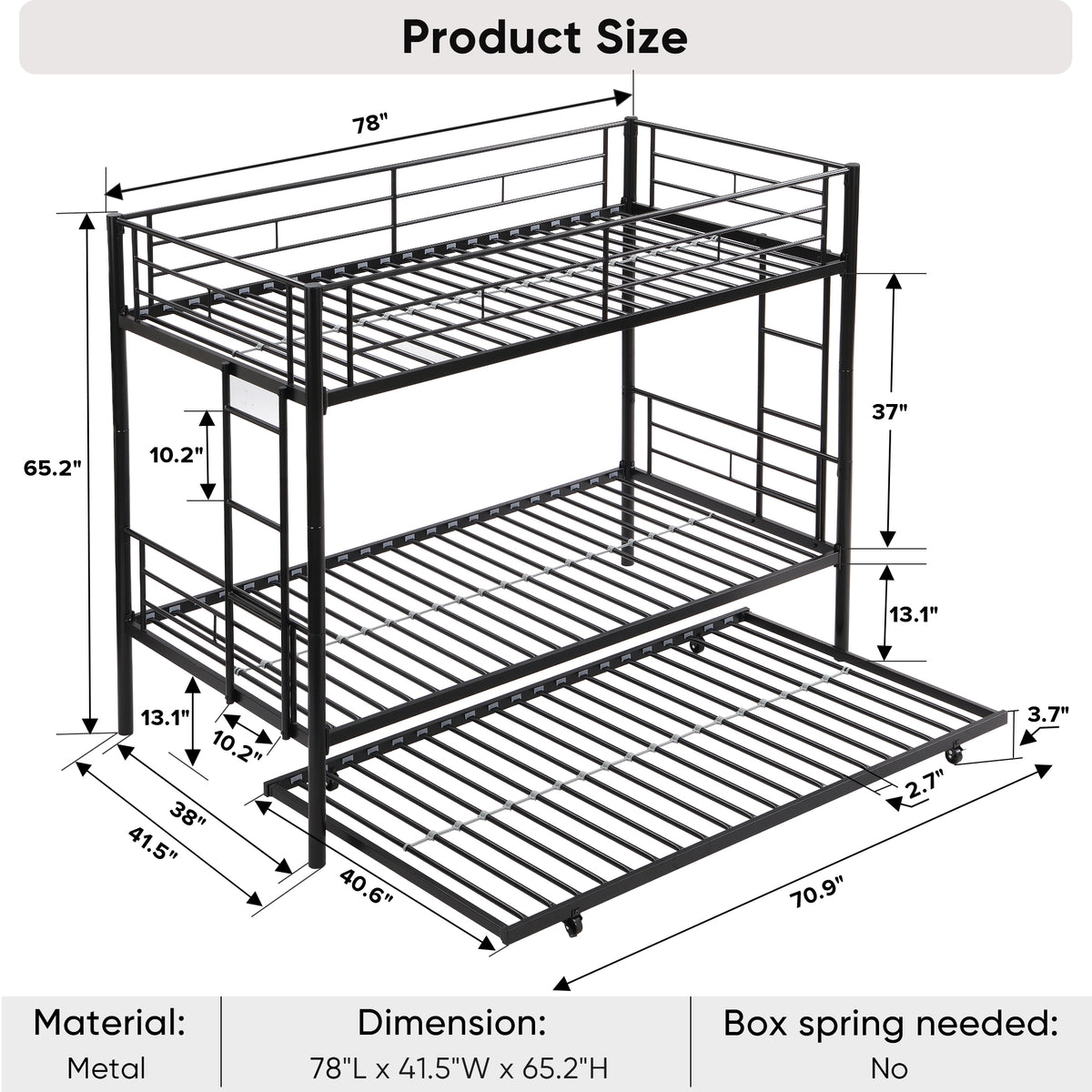 Over Twin Bunk Bed Frame with Trundle,Metal Bunkbed with Sturdy Guard Rail and 2 sideLadders for Kids/Adults,Can be Divided Into Two Beds, No Box Spring Needed, Noise Free for Dorm,Black W1916115338-djyc