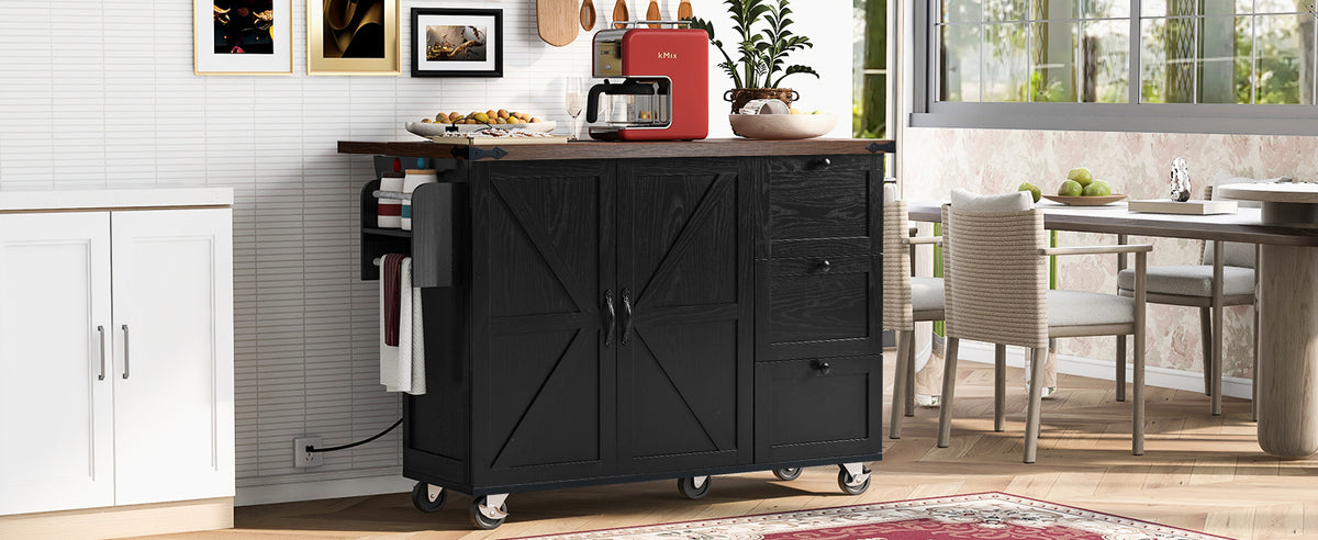 K&K 54.5" Farmhouse Kitchen Island with Power Outlet, Kitchen Storage Islandwith Internal Storage Rack, Drop Leaf, Spice Rack, Rolling Kitchen Cart on Wheels, for Home, Kitchen and Dining Room,Black N707P170349B-djyc