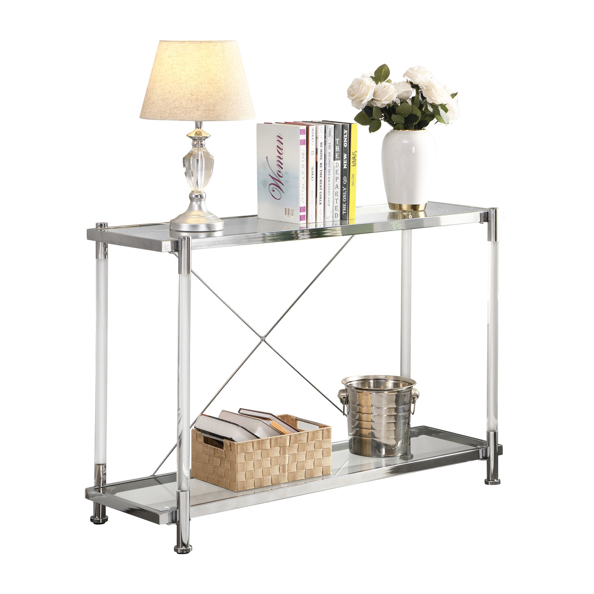 43.31'' Chrome Glass Sofa Table, Acrylic Side Table, Console Table for Living Room& Bedroom W821P184417-djyc