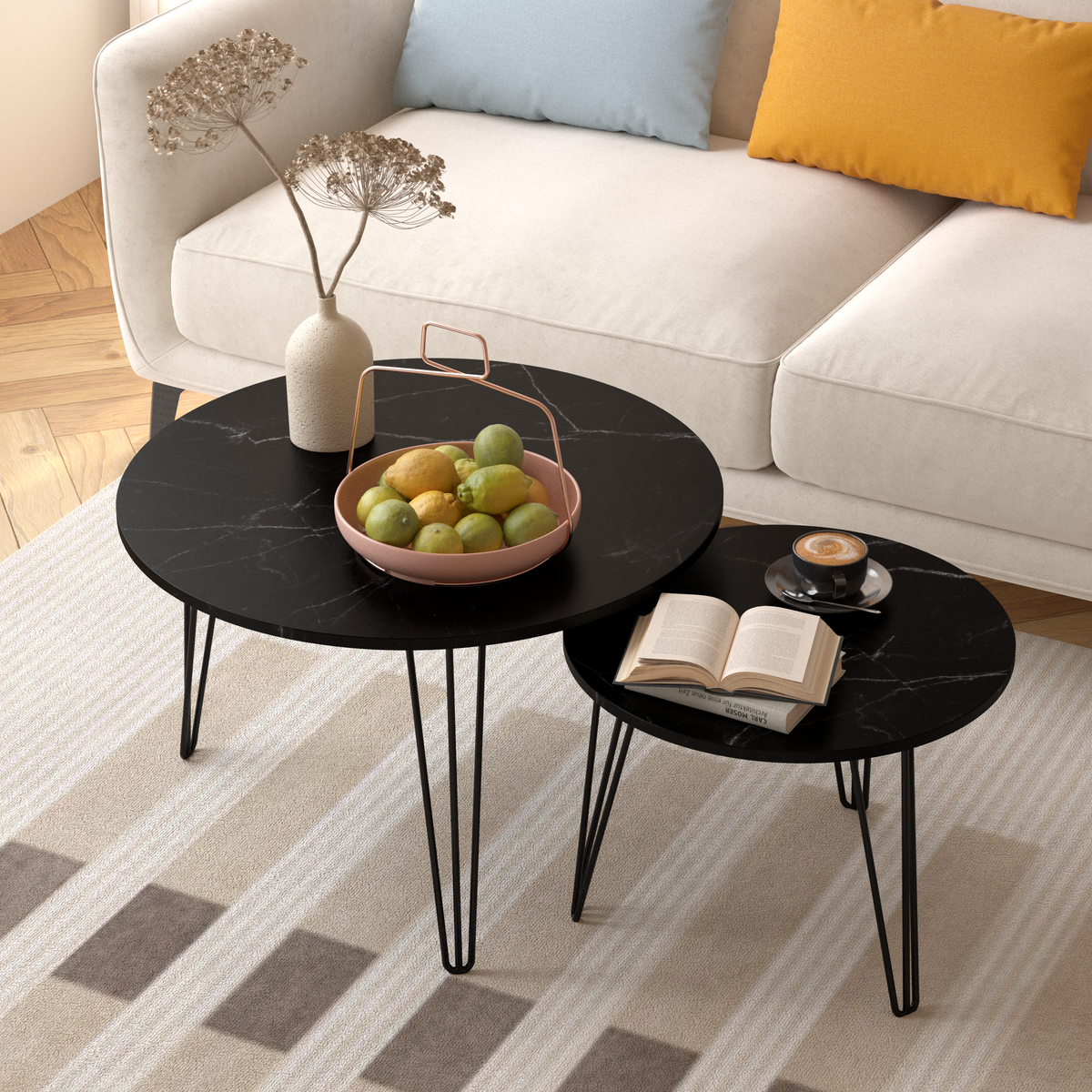 27.56'' Round Nesting Coffee Table Set of 2, Circular Nesting End Table Set, Round Marble Tabletop, and Sturdy Metal Base for Living Room, bedroom, Black W808P176733-djyc