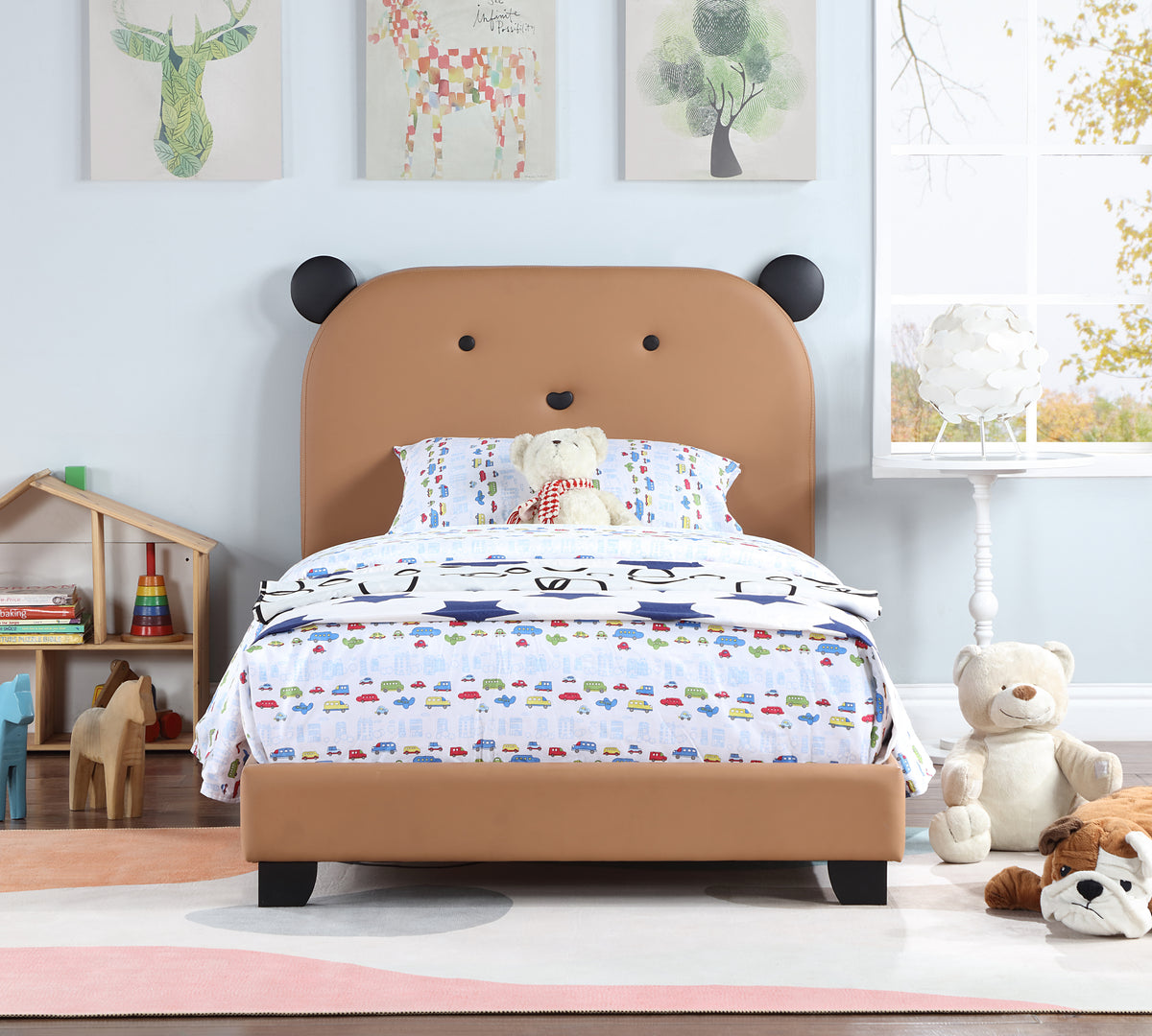 Upholstered Twin Size Platform Bed for Kids, Wooden Bed Frame with Slatted Bed Base, No Box Spring Needed, Cute Bed Frame with Bear Design Headboard for Girls Boys Teens, Brown W1998124482-djyc