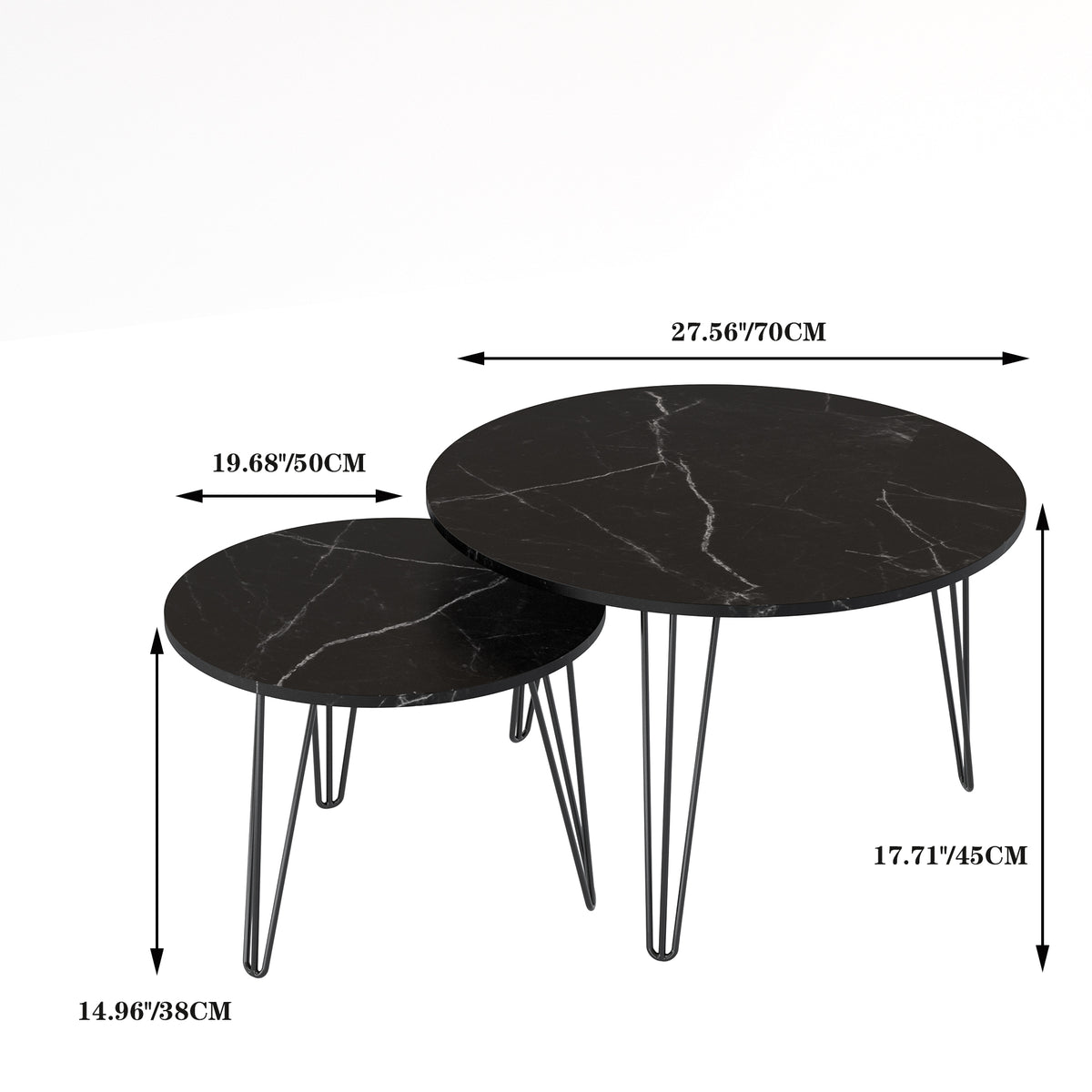 27.56'' Round Nesting Coffee Table Set of 2, Circular Nesting End Table Set, Round Marble Tabletop, and Sturdy Metal Base for Living Room, bedroom, Black W808P176733-djyc