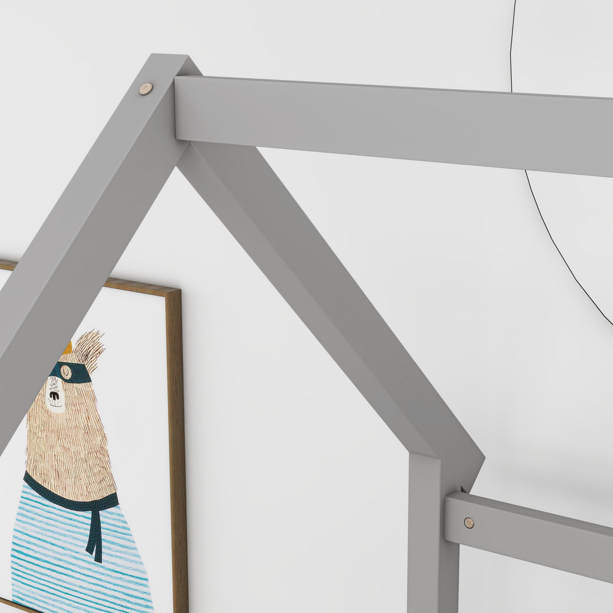 Twin Size Floor Wooden Bed with House Roof Frame, Fence Guardrails,Grey W1858123985-djyc