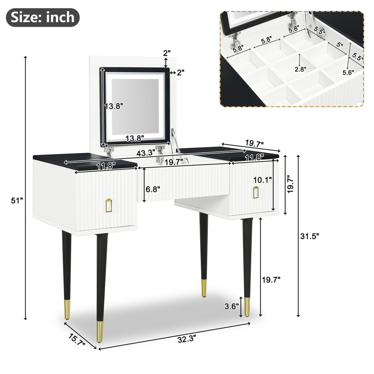 43.3" Modern Vanity Table Set with Flip-top Mirror and LED Light, Dressing Table with Customizable Storage, White and Black WF305842AAA-djyc