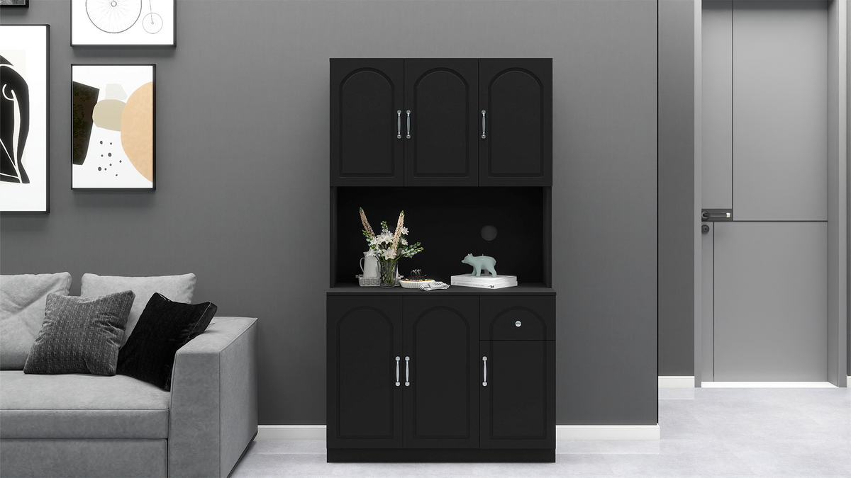 71" Kitchen Pantry Storage Cabinet with Microwave Oven Countertop, Freestanding Hutch Cabinet with Adjustable Shelves, 6 Doors and 1 Drawer-Black W282P170918-djyc