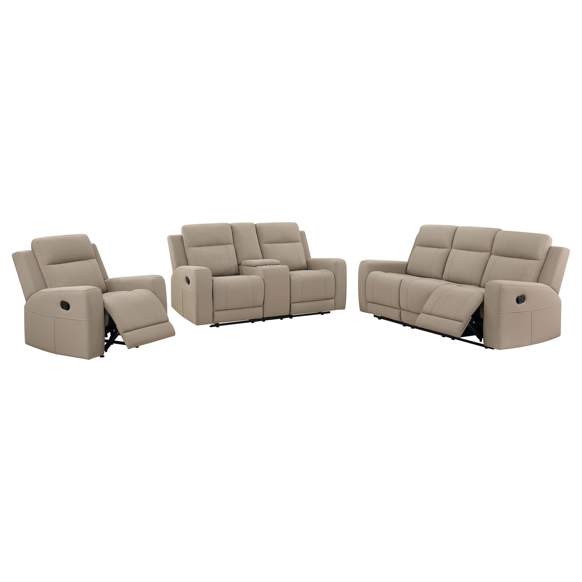 Slater Taupe 3-Piece Upholstered Reclining Sofa Set with Modern Design, Faux Leather, and Built-in Storage-B062S01806