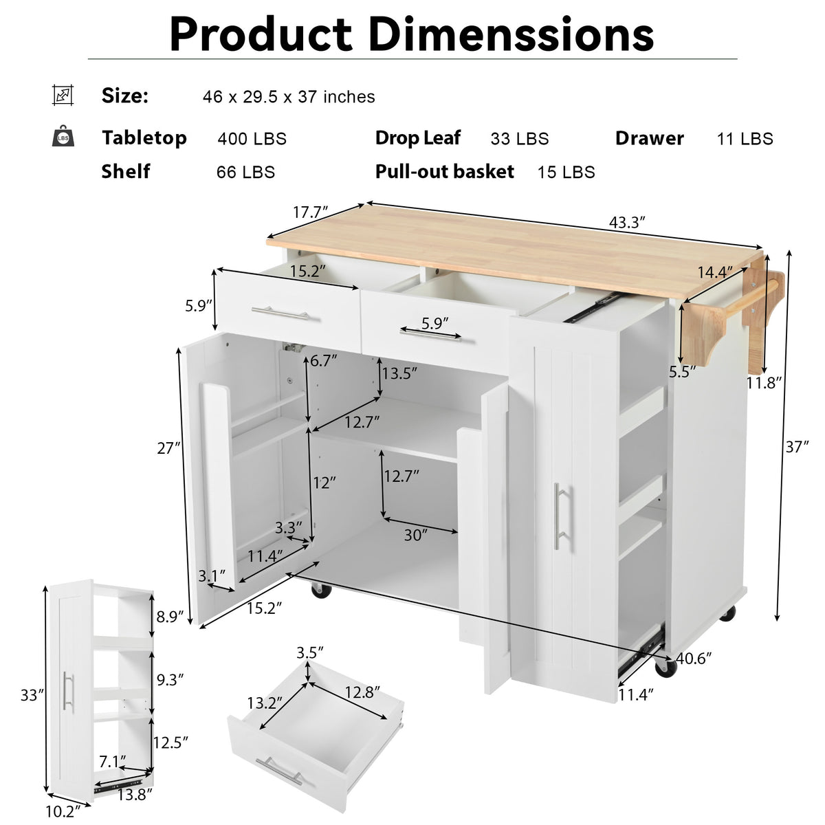 K&K Kitchen Island with Drop Leaf, Kitchen Storage Cart with 3 Tier Pull Out Cabinet Organizer, Internal Storage Rack, Rolling Kitchen Cart on Wheels with Towel Rack, 2 Drawers, for Kitchen, White WF531421AAW-djyc