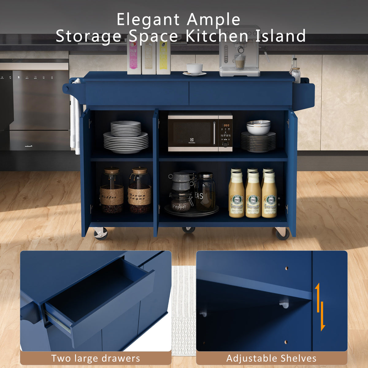 K&K 53.2''Kitchen Island with Drop Leaf, Kitchen Storage Cart with Spice Rack, Towel Rack and 2 Drawers, Rolling Kitchen Island on Wheels with Adjustable Shelves for Kitchen, Dining Room, Navy Blue N707P173041G-djyc