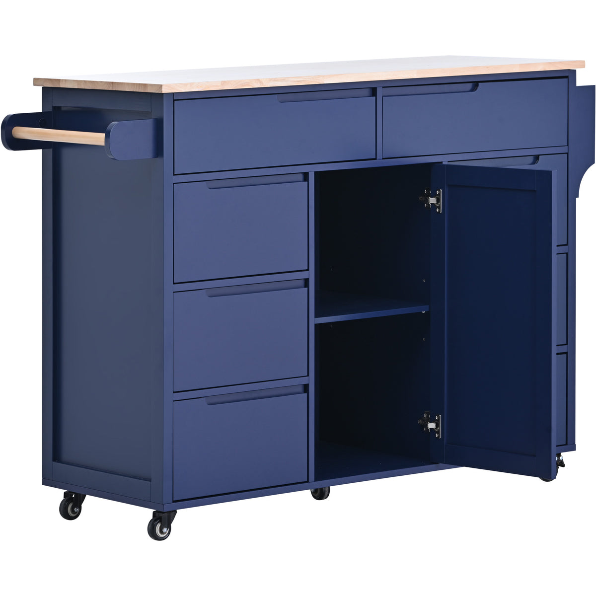 K&K Store Kitchen Cart with Rubber Wood Countertop , Kitchen Island has 8 Handle-Free Drawers Including a Flatware Organizer and 5 Wheels for Kitchen Dinning Room, Dark Blue SK000002AAG-djyc