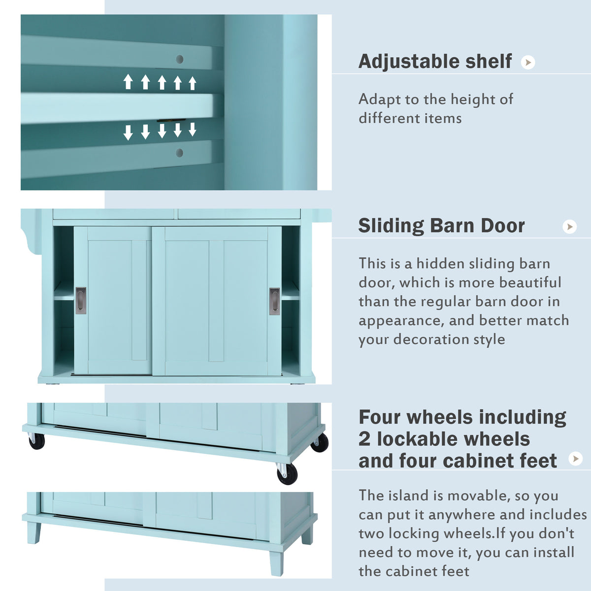 Kitchen Cart with Rubber wood Drop-Leaf Countertop, Concealed sliding barn door adjustable height,Kitchen Island on 4 Wheels with Storage Cabinet and 2 Drawers,L52.2xW30.5xH36.6 inch, Mint Green SK000001AAE-djyc