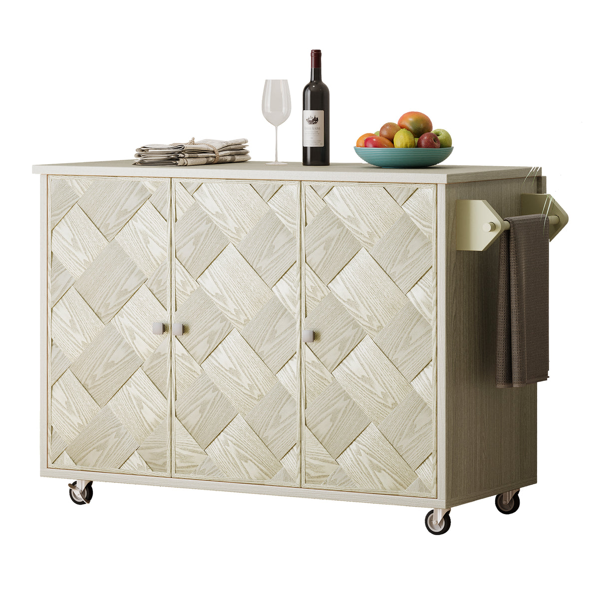 K&K 51.2"W Ash Veneer (Not Cheap Paper) Solid Wood Handwoven Kitchen Island with Drop Leaf, Coastal Kitchen Island on Wheels with Internal Storage Rack, Rolling Kitchen Cart, Champagne N707P207916X-djyc