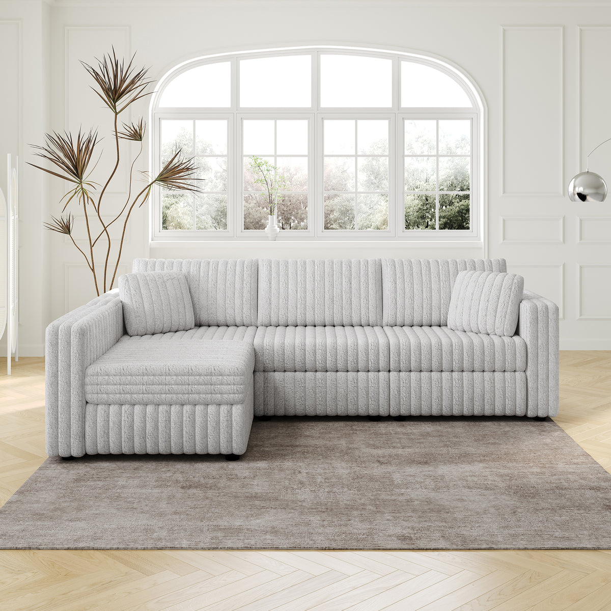 106.3" Soft Rabbit Plush L-shaped 4-Person Sofa. Comfortable & Stylish. Matches Bedroom & Living Room. Light gray. Modern plush furniture. Modular design for versatility. L-shape offers unique style a W1767S00011-djyc