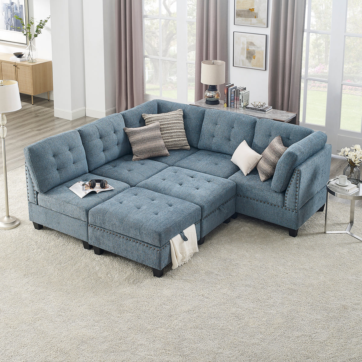 L shape Modular Sectional Sofa,DIY Combination,includes Three Single Chair ,Two Corner and Two Ottoman,Navy Blue W487S00191-djyc