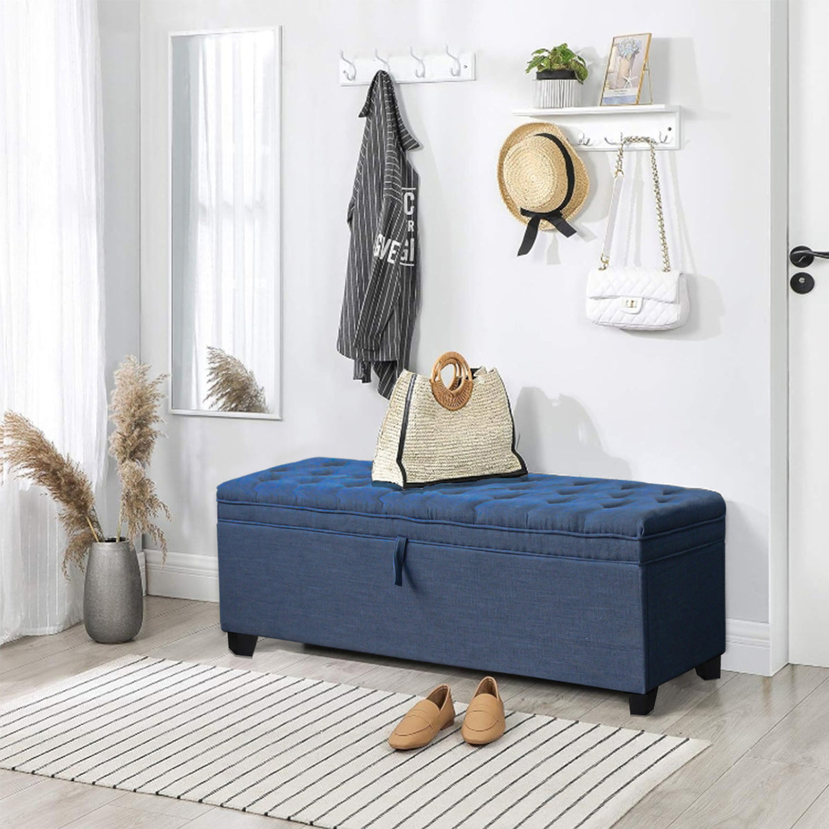 55.3 Inch Extra Long Storage Ottoman Entryway Bench with Flip Top Storage Chest with Padded Seat Bed End Stool for Hallway Living Room Bedroom, Blue Linen W1435P163386-djyc