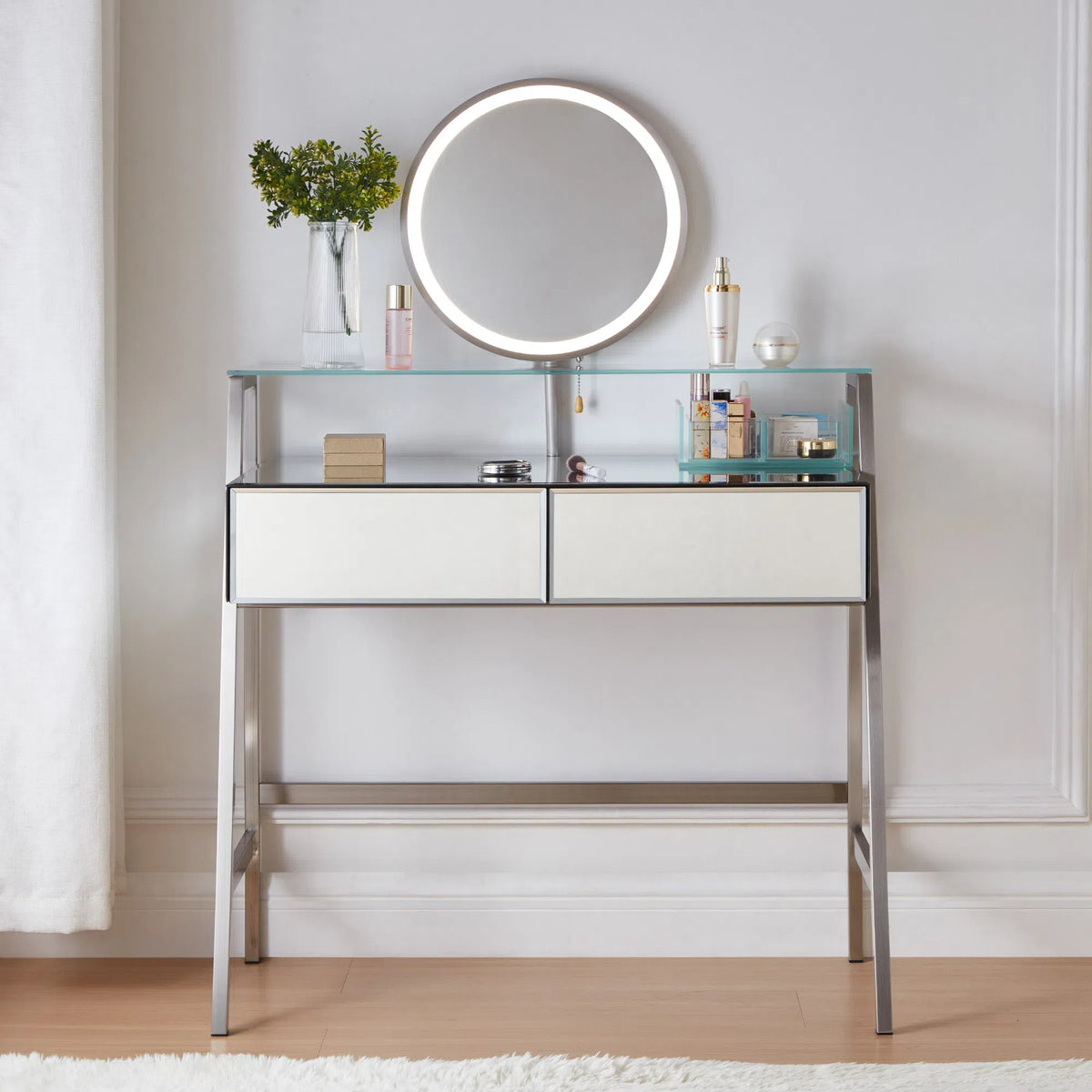 33.9" Mirrored Makeup Vanity Desk with Mirror and Lights, Mirrored Console Vanity Table with 2 Big Drawers & Open Shelf, Dressing Table with Charging Station for Bedroom, Silver FG202302AAA-djyc