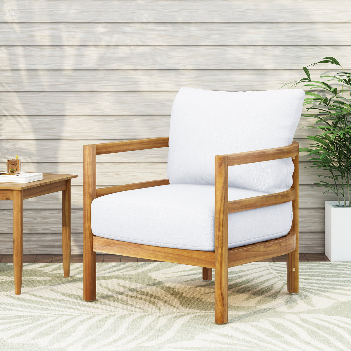 Outdoor Acacia Wood Patio Club Chair, Wood Patio Furniture,Waterproof Thick Cushion Deep Seating for Porch, Garden, Backyard, Balcony, Weight Capacity 400lbs, Light Teak Finish, White 71518.00WHI-djyc